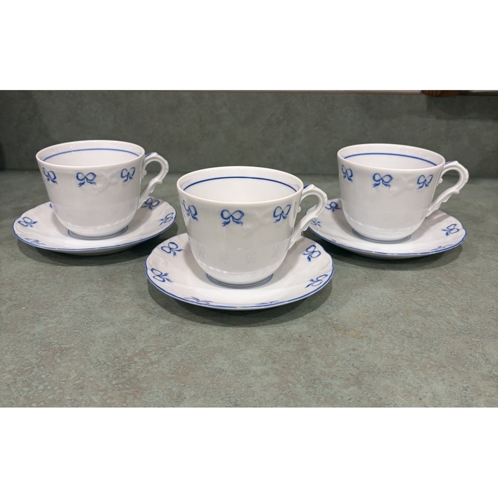Vista‎ Alegre Ruban Blue Teacups Saucers Set 3 Portugal Porcelain Bow coquette